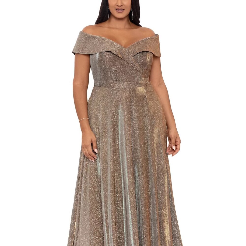 Xscape “Estelle” Gold Off-Shoulder Floor Length Dress.